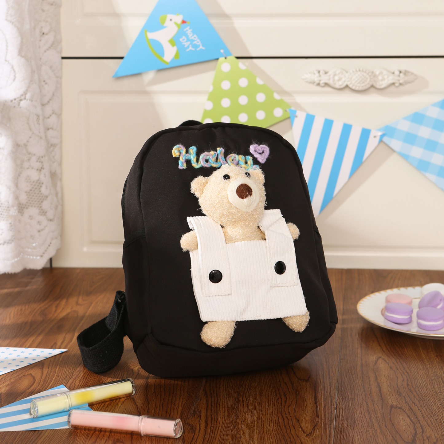 Schoolbag for Back to School Season – Custom Name Kids Backpack with Cute Bear & Wool Accents, Ideal Gift for Children