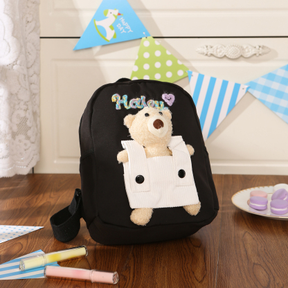 Schoolbag for Back to School Season – Custom Name Kids Backpack with Cute Bear & Wool Accents, Ideal Gift for Children