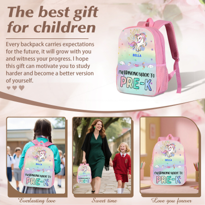 Personalized Kid's School Bag – Rainbow Unicorn Backpack, Motivational Pre-K Design