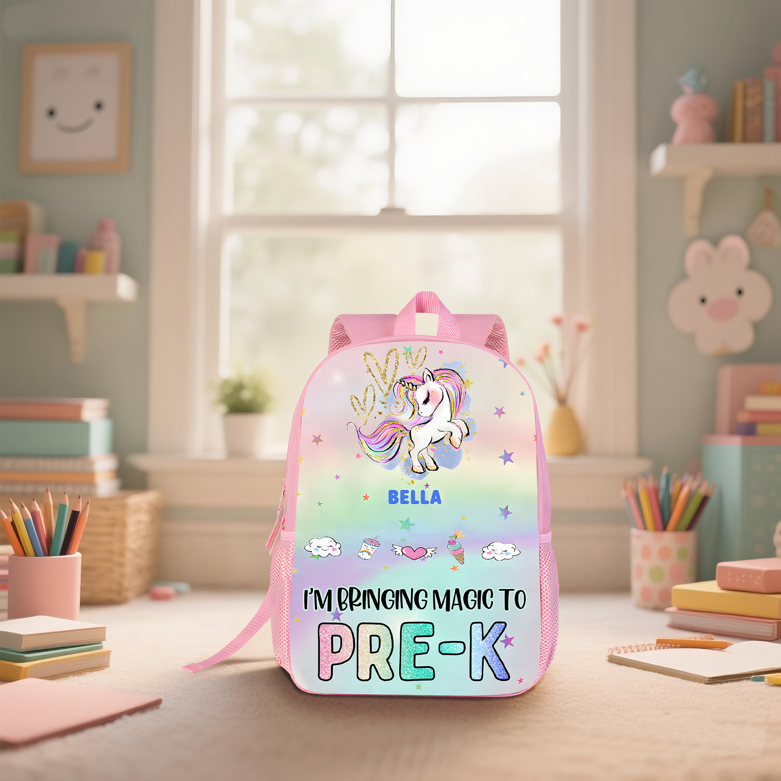 Personalized Kid's School Bag – Rainbow Unicorn Backpack, Motivational Pre-K Design