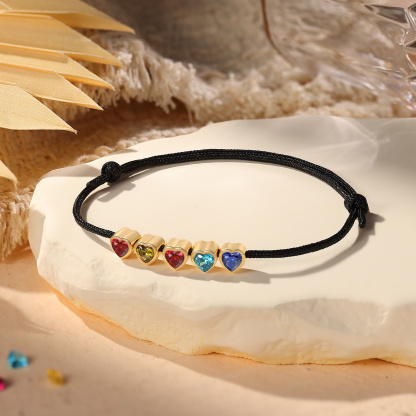 Personalized String Rope Bracelet Adjustable Custom with 2–5 Heart-shaped Birthstones Gift for Mom