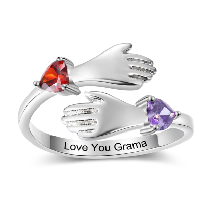 Personalized Hug Hands Ring with Heart Birthstones
