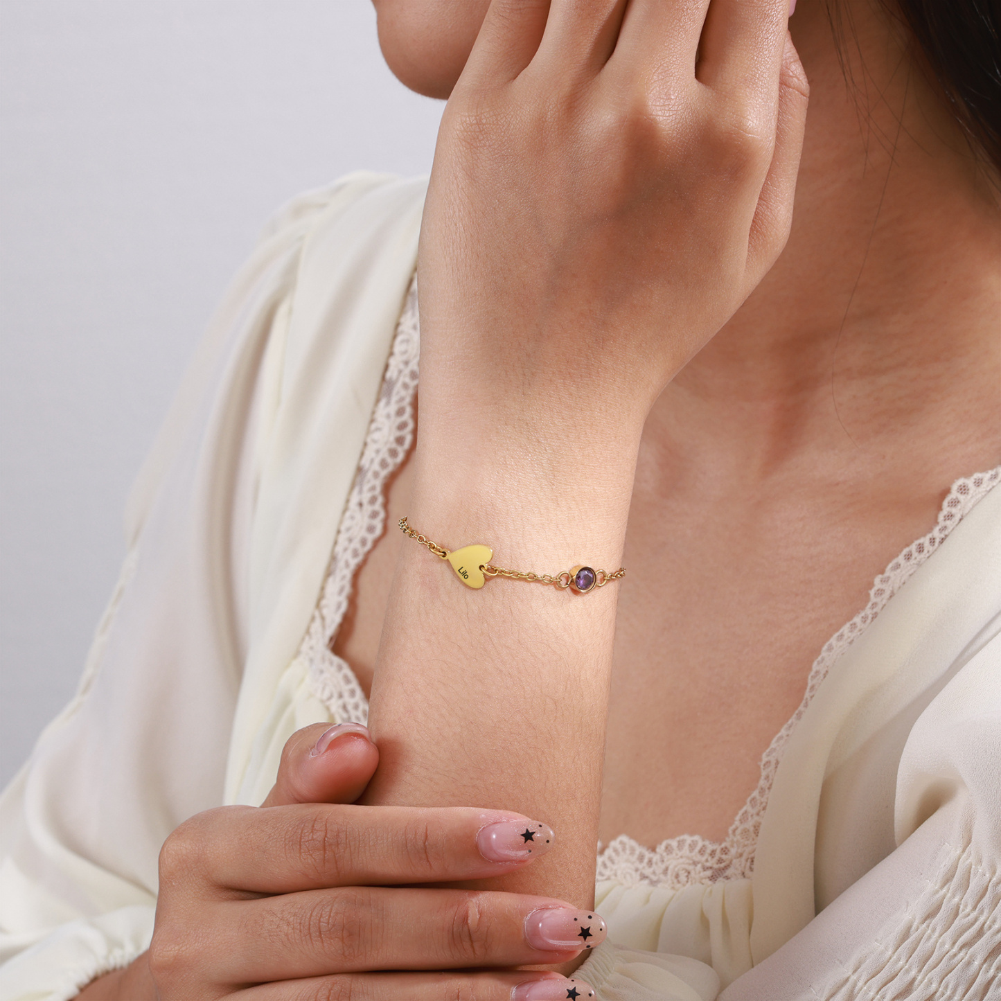 Personalized 1-5 Names Gold Heart Birthstone Chain Bracelet