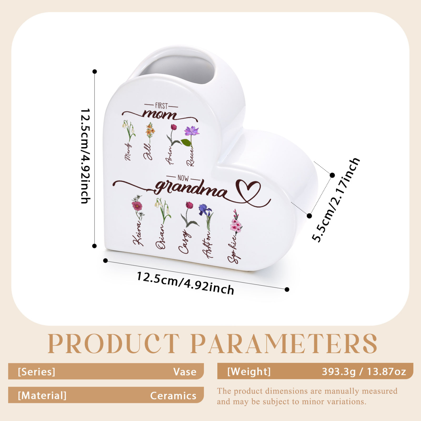 Personalized Heart-Shaped Ceramic Vase First Mom, Now Grandma Custom with 2–10 Birth Flowers and Names