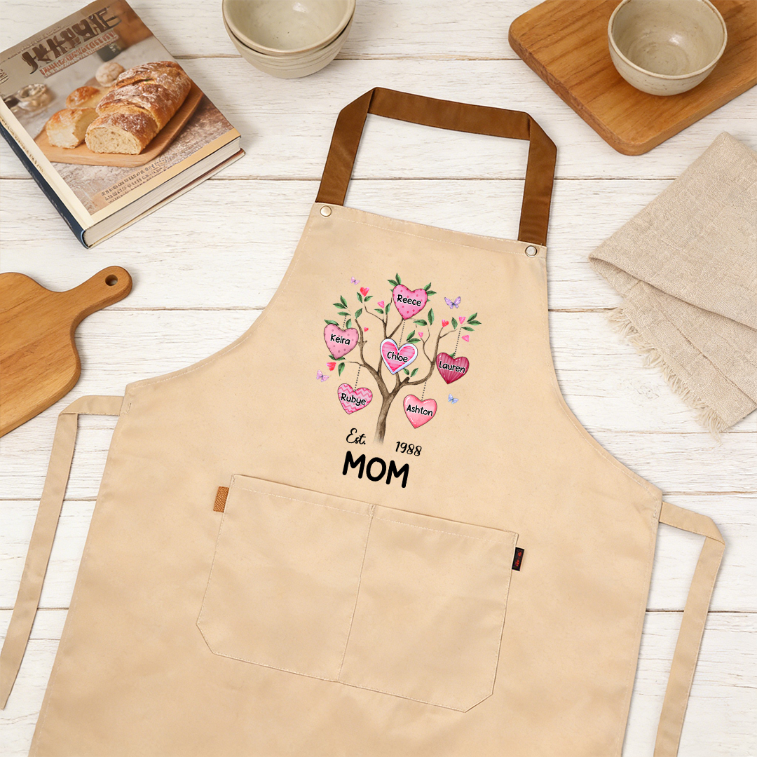 Personalized Mom Family Tree Apron with Pocket Customized with 2–8 Names