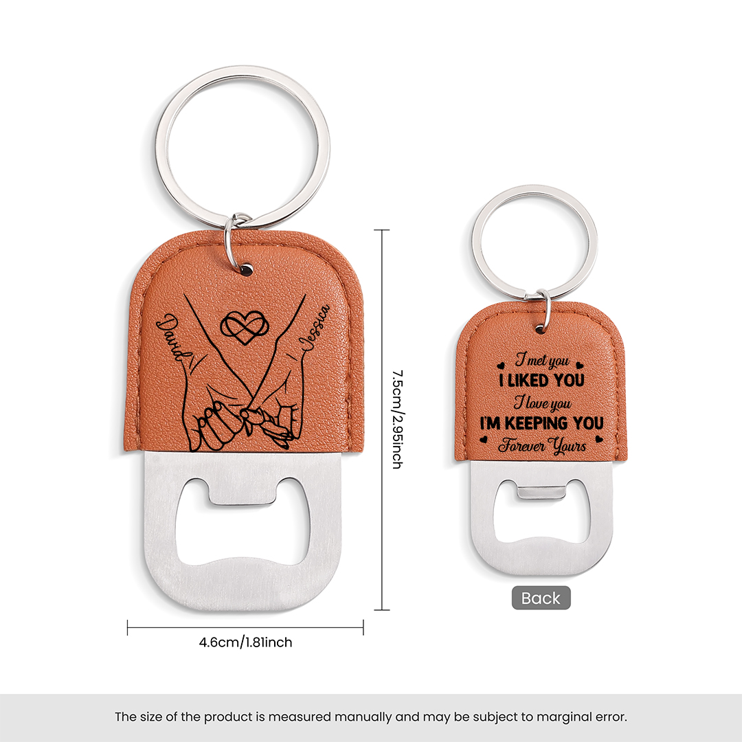 Personalized Leather Keychain With Bottle Opener For Couples Custom With 2 Names