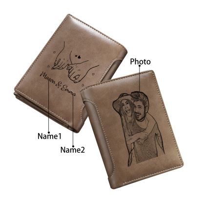 Personalized Men's Leather Wallet with Photo Couple's Pinky Promise Trifold Wallet