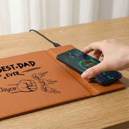 Personalized Leather Desk Pad With Wireless Charging Function Custom with 1-6 Names And Fist Bumps