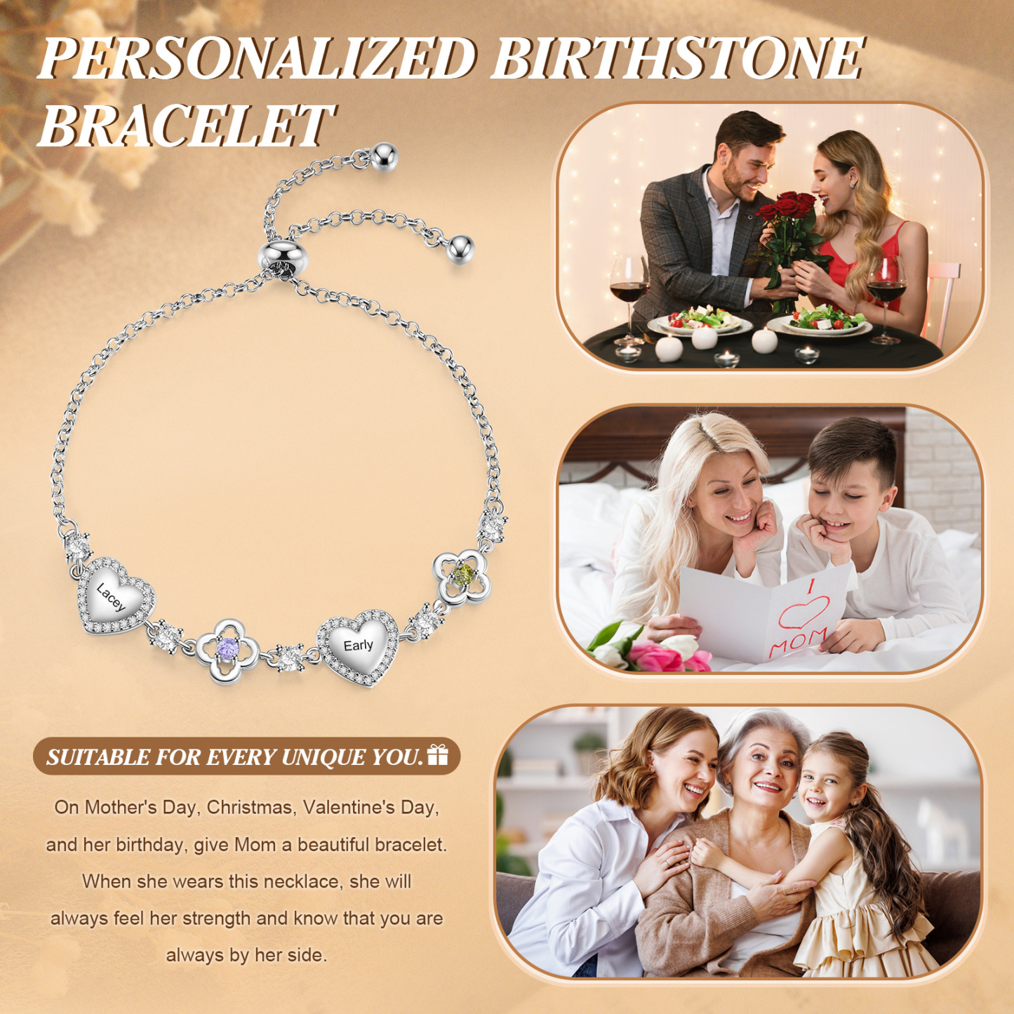 Personalized Birthstone Bracelet with Heart and Flowers Customized with 2–5 Names and Stones