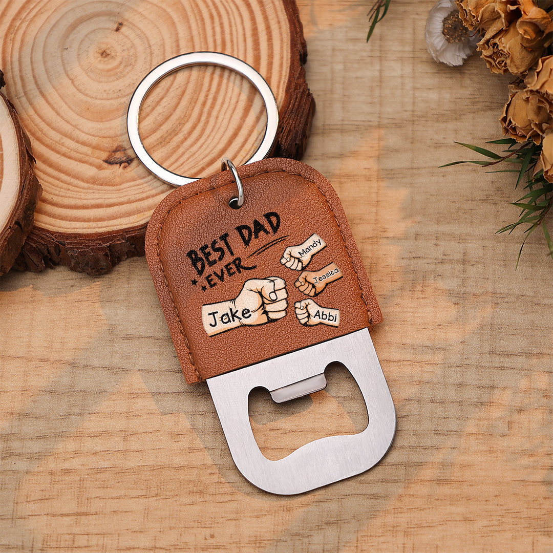 Personalized Leather Keychain With Bottle Opener For Dad Custom With 2–7 Names And Fist Bumps