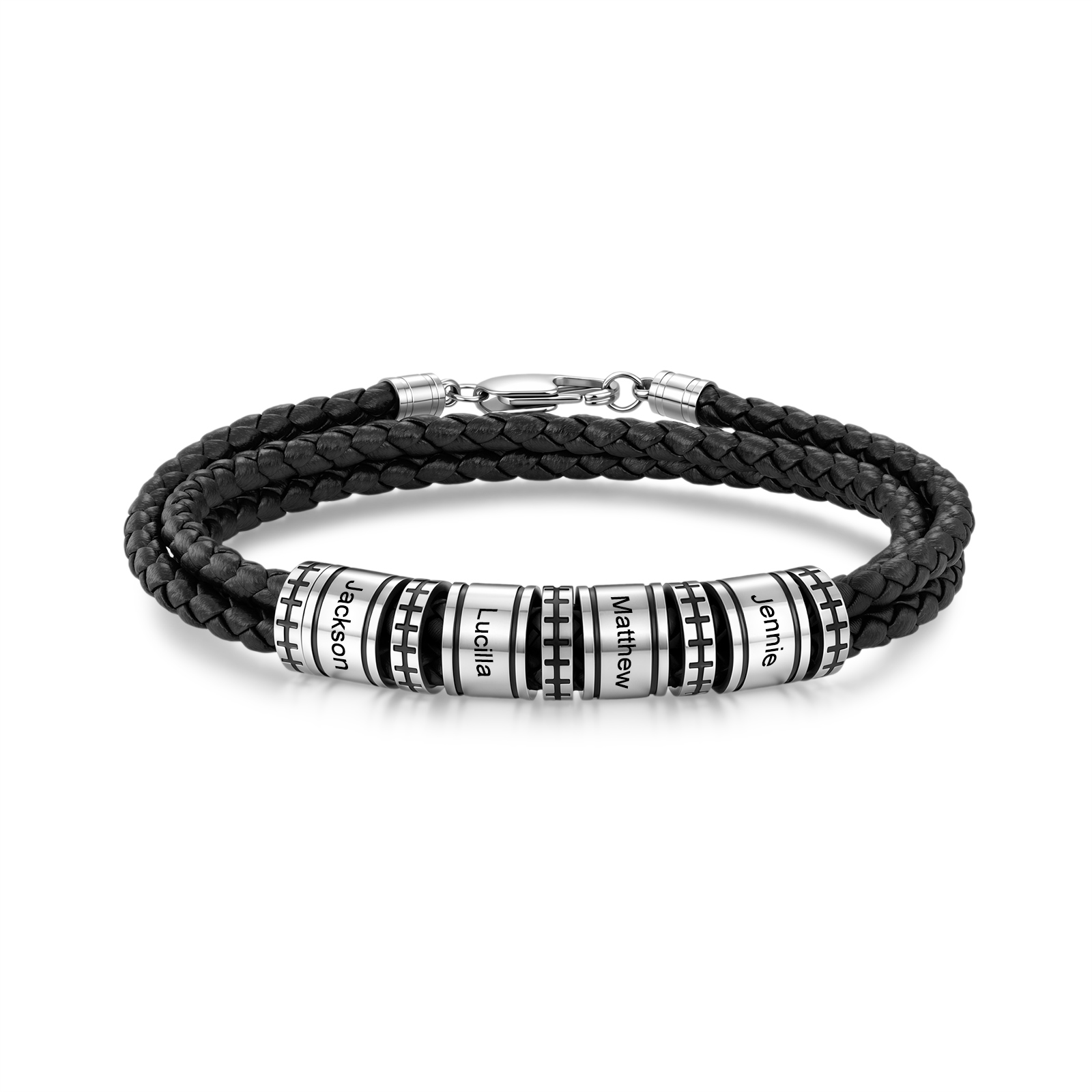 Personalized Men’s Braided Leather Bracelet Engraved Beads with 1 to 6 Names