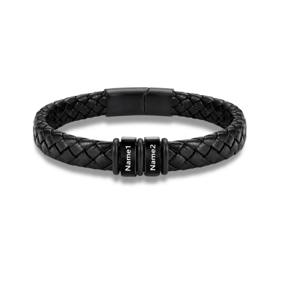 Personalized Braided Leather Bracelet Custom 2-6 Names Men Bead Bracelet Fathers Day Anniversary Gift for Dad Son Husband Grandpa | Jessemade