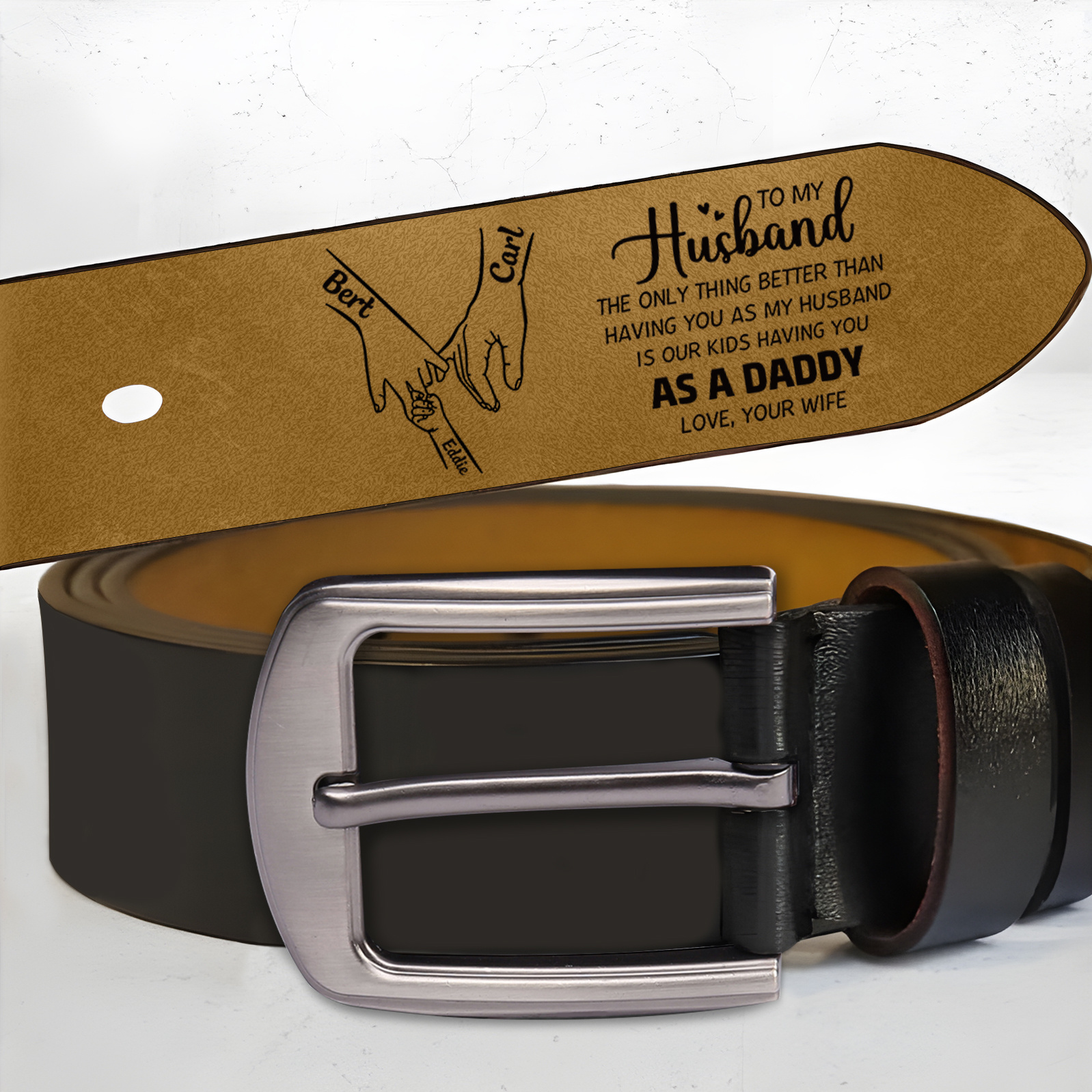 Personalized Leather Belt for Husband Dad Family Holding Hand with Engraved 3-8 Names Customized Fathers Day Anniversary Gift for Dad Husband | Jessemade