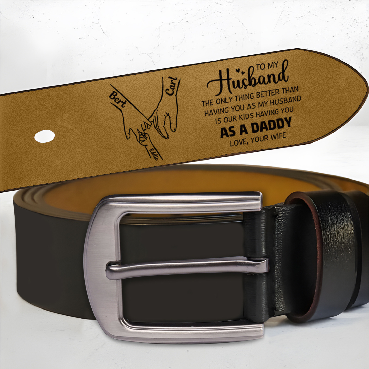 Personalized Leather Belt for Husband Dad Family Holding Hand with Engraved 3-8 Names Customized Fathers Day Anniversary Gift for Dad Husband | Jessemade