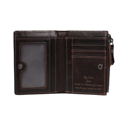 Personalized Leather RFID Bifold Wallet with Zipper for Men