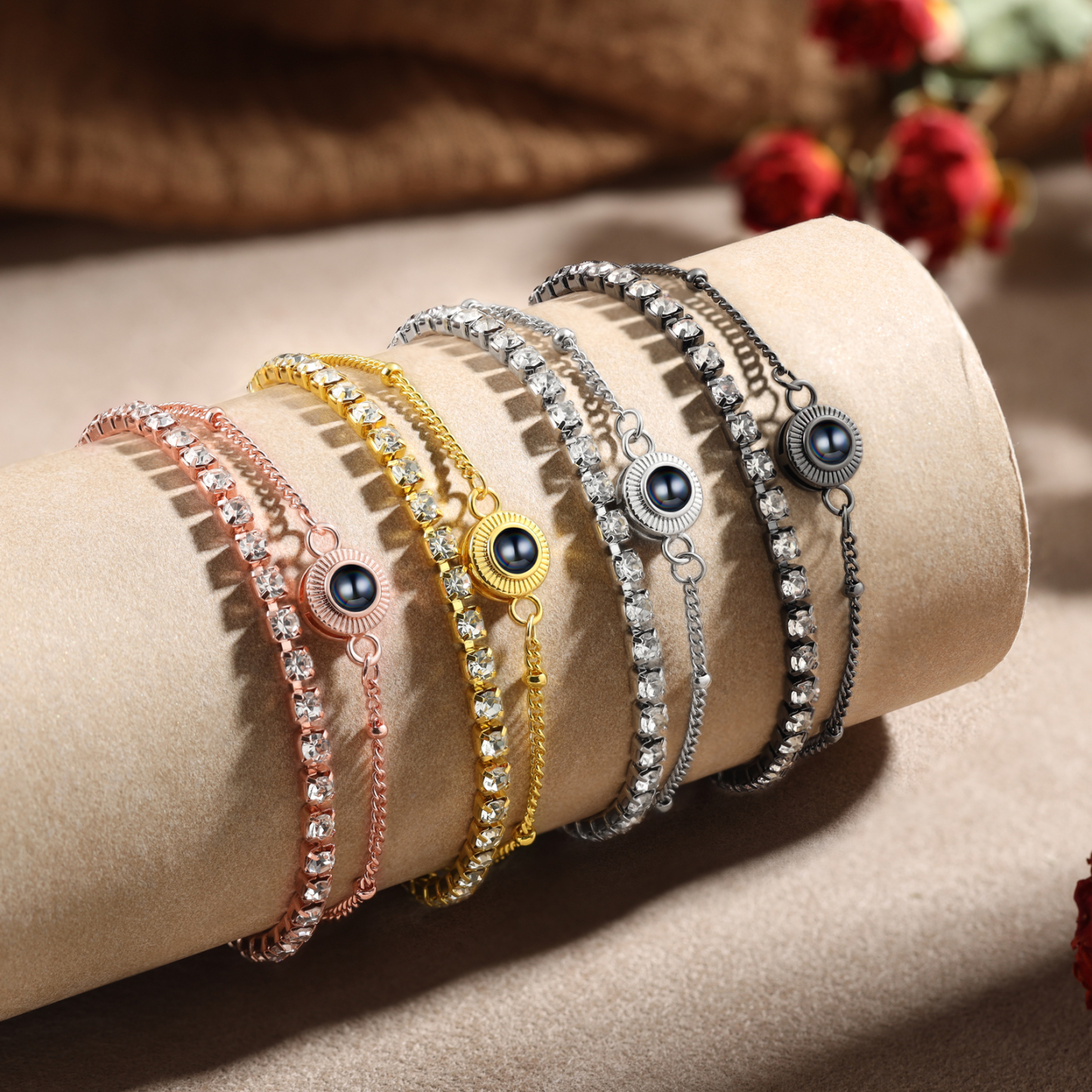 Personalized Photo Projection Bracelet with Double Rhinestone Row Adjustable Women’s Bracelet