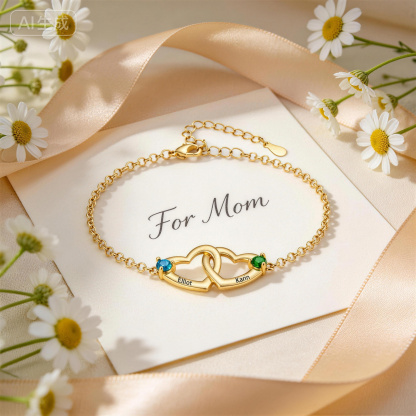 Personalized Heart Bracelet Custom With 2 Names 2 Birthstones Gift For Her