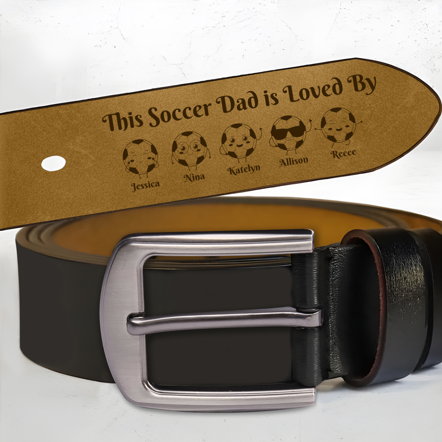 Personalized leather belt, custom designed with 1–8 names and a soccer motif – Father’s Day and birthday gift for dad, grandpa, husband | Jessemade