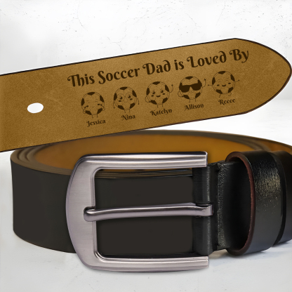 Personalized leather belt, custom designed with 1–8 names and a soccer motif – Father’s Day and birthday gift for dad, grandpa, husband | Jessemade