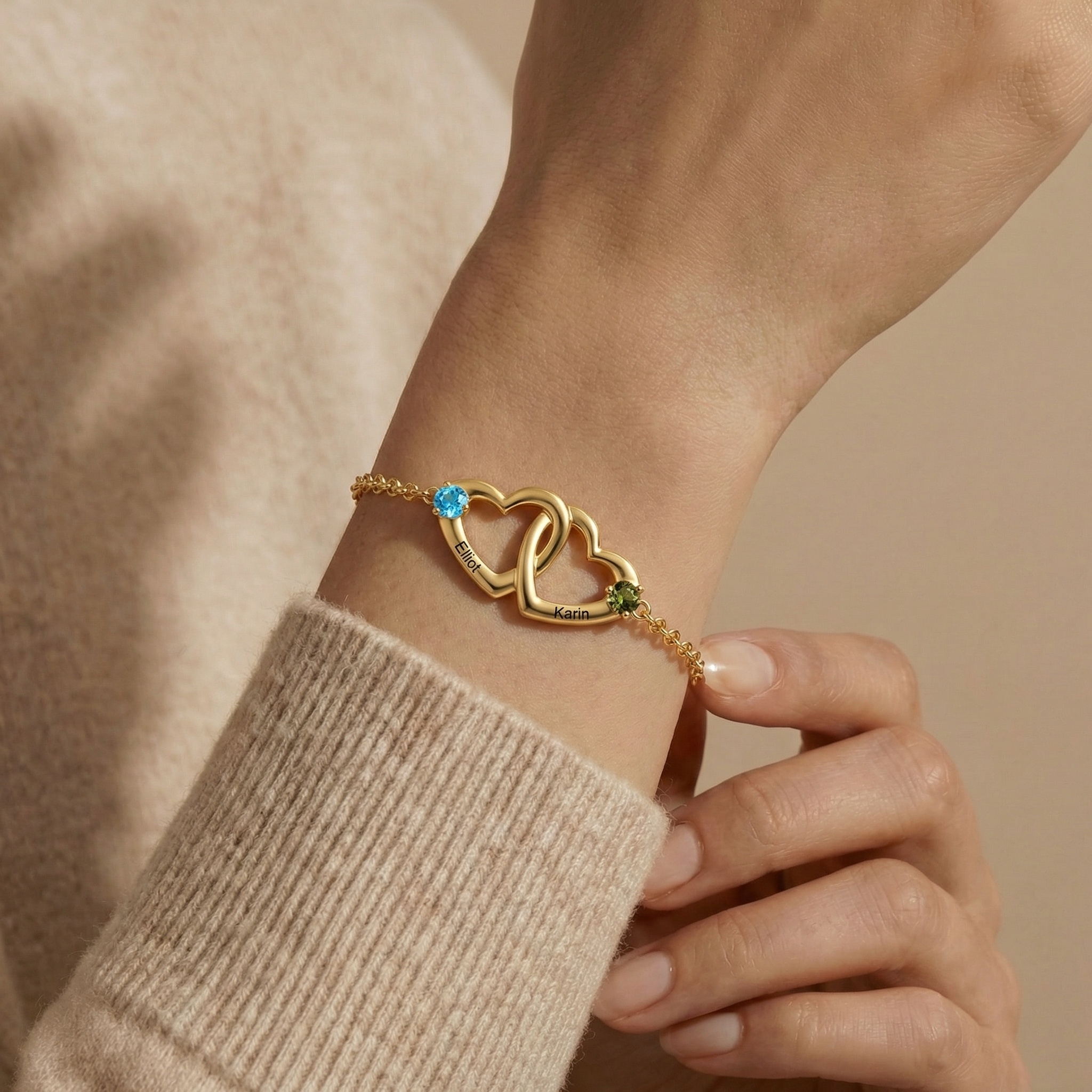 Personalized Heart Bracelet Custom With 2 Names 2 Birthstones Gift For Her