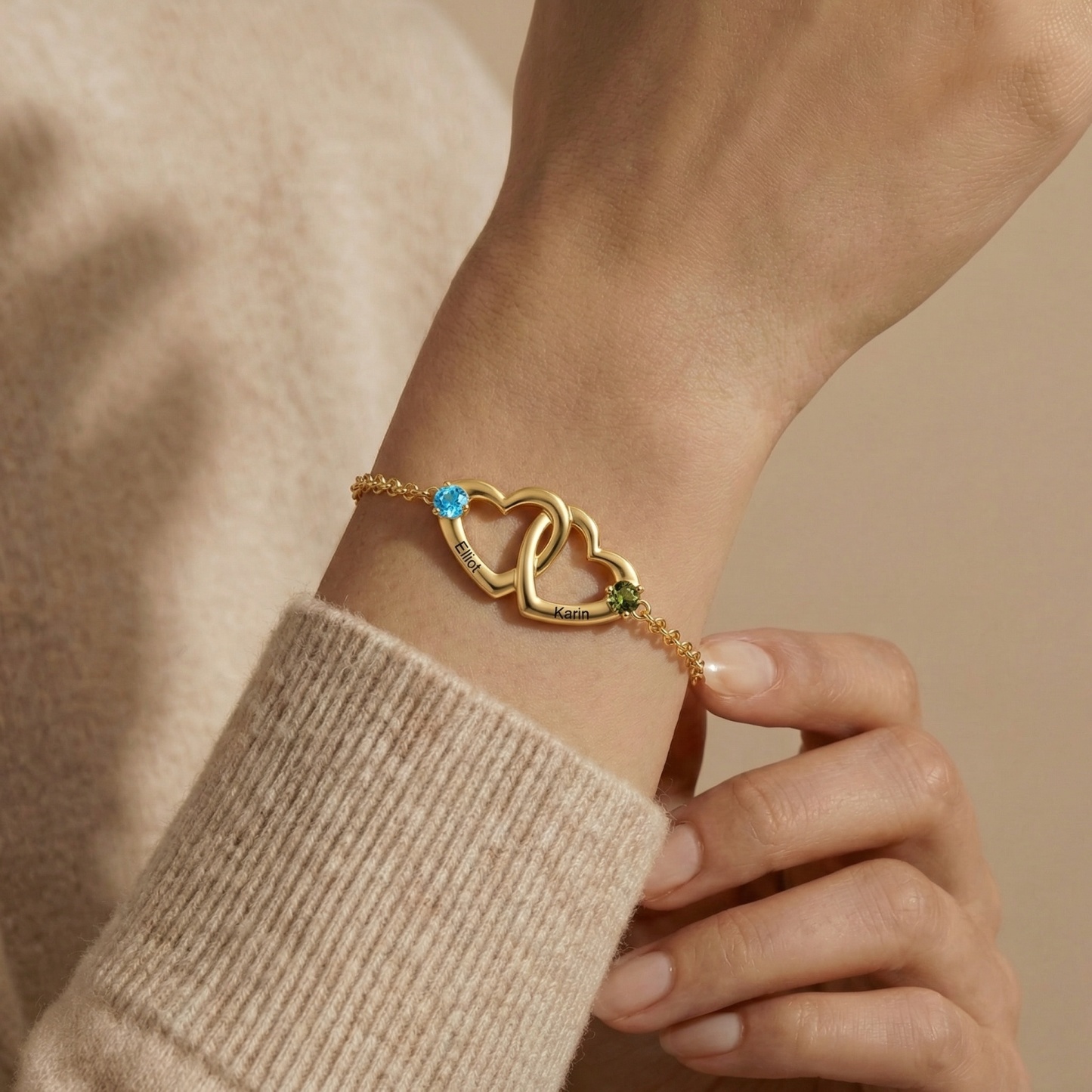 Personalized Heart Bracelet Custom With 2 Names 2 Birthstones Gift For Her