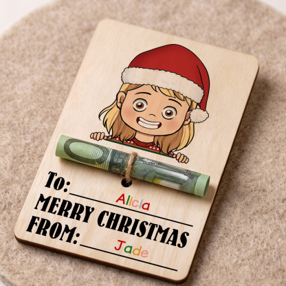Personalized Wooden Christmas Money Holder with 2 Names Cash Gift Card for Child