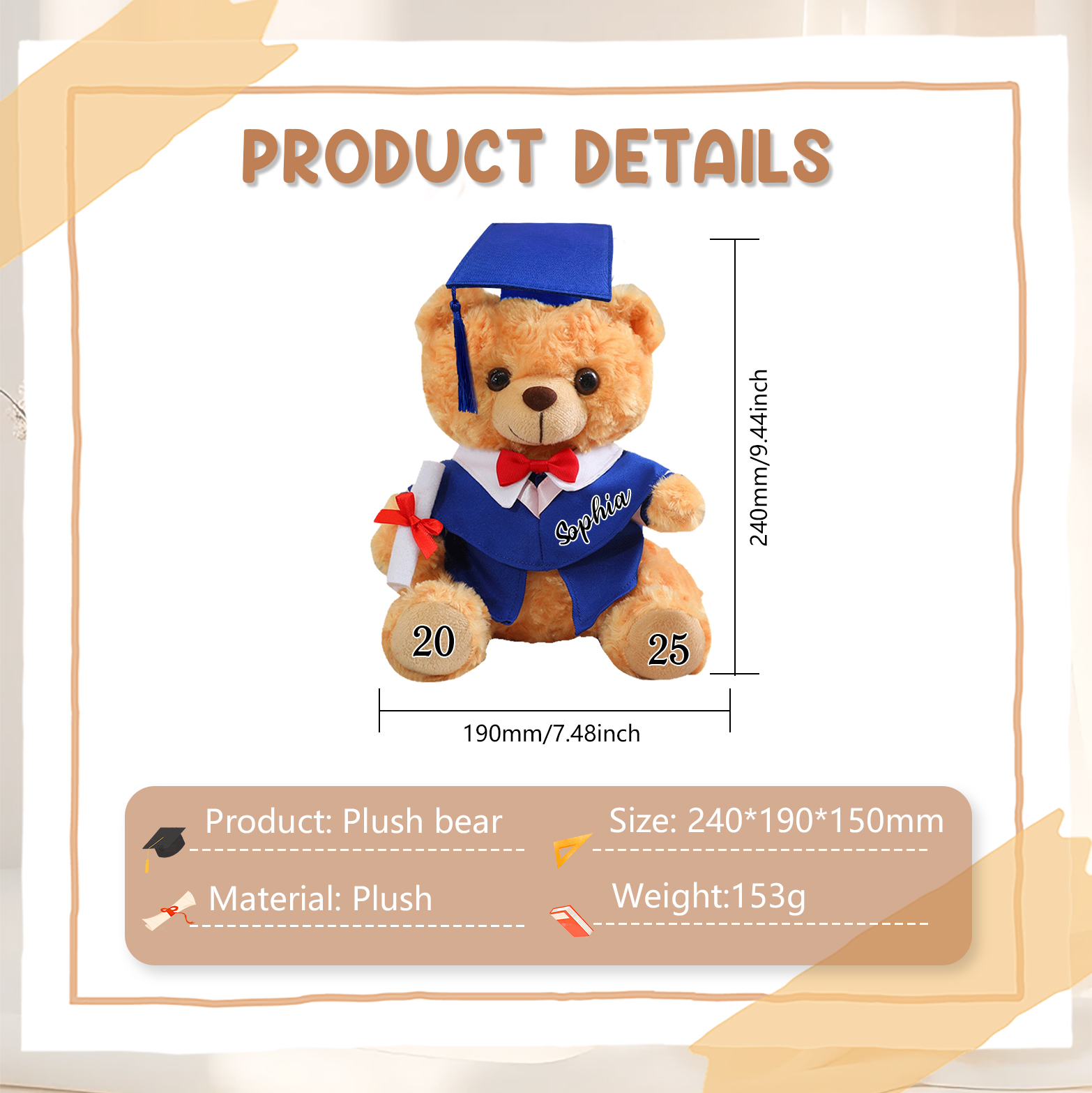 Graduation Teddy Bear Gift Style 2– Personalized Soft Plush Doll for 2024 or 2025 Graduates
