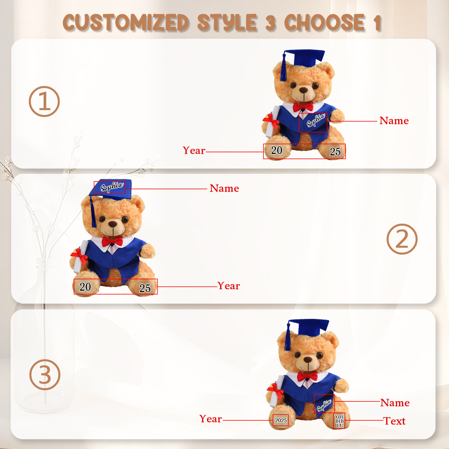 Graduation Teddy Bear Gift Style 2– Personalized Soft Plush Doll for 2024 or 2025 Graduates