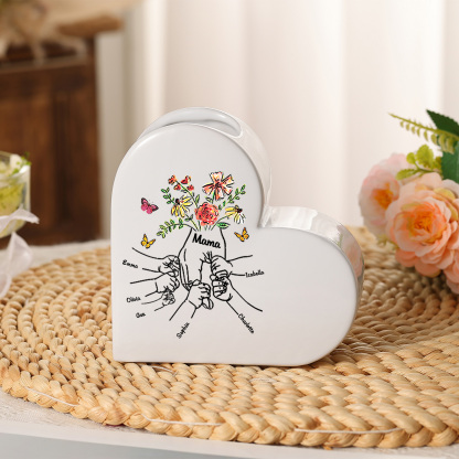 Personalized ceramic heart vase custom with text and 2–8 children’s names
