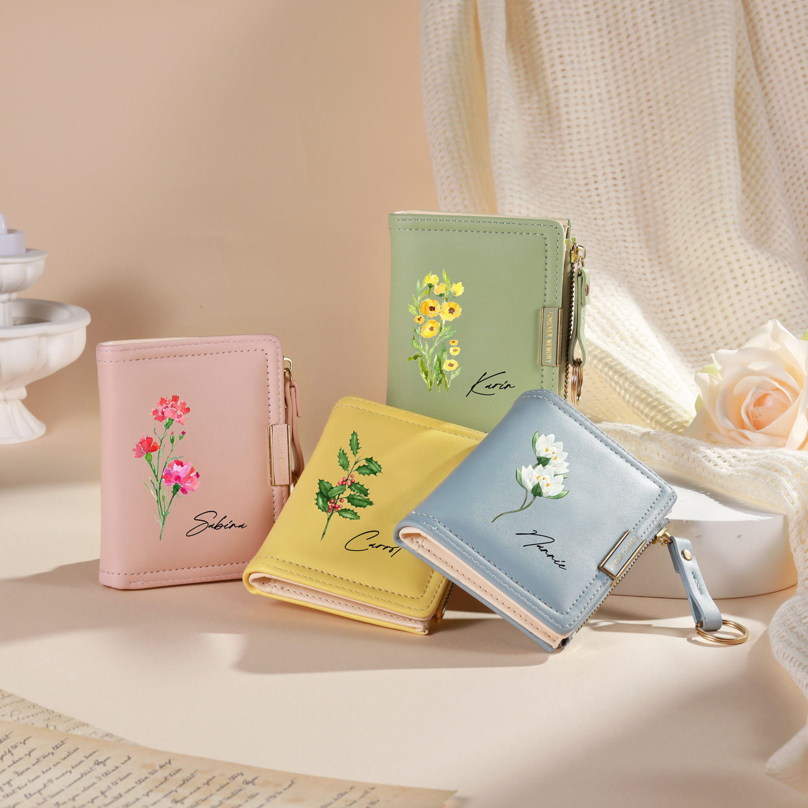 Personalized Women’s Leather Wallet Custom With Name And Birth Flower