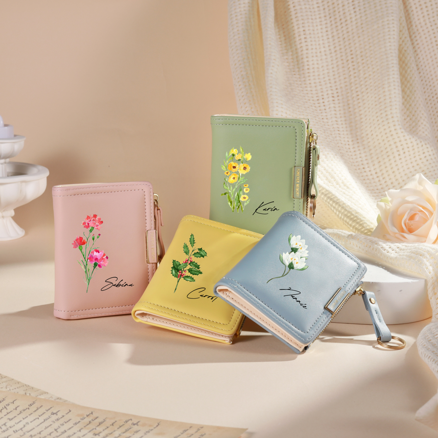 Personalized Women’s Leather Wallet Custom With Name And Birth Flower