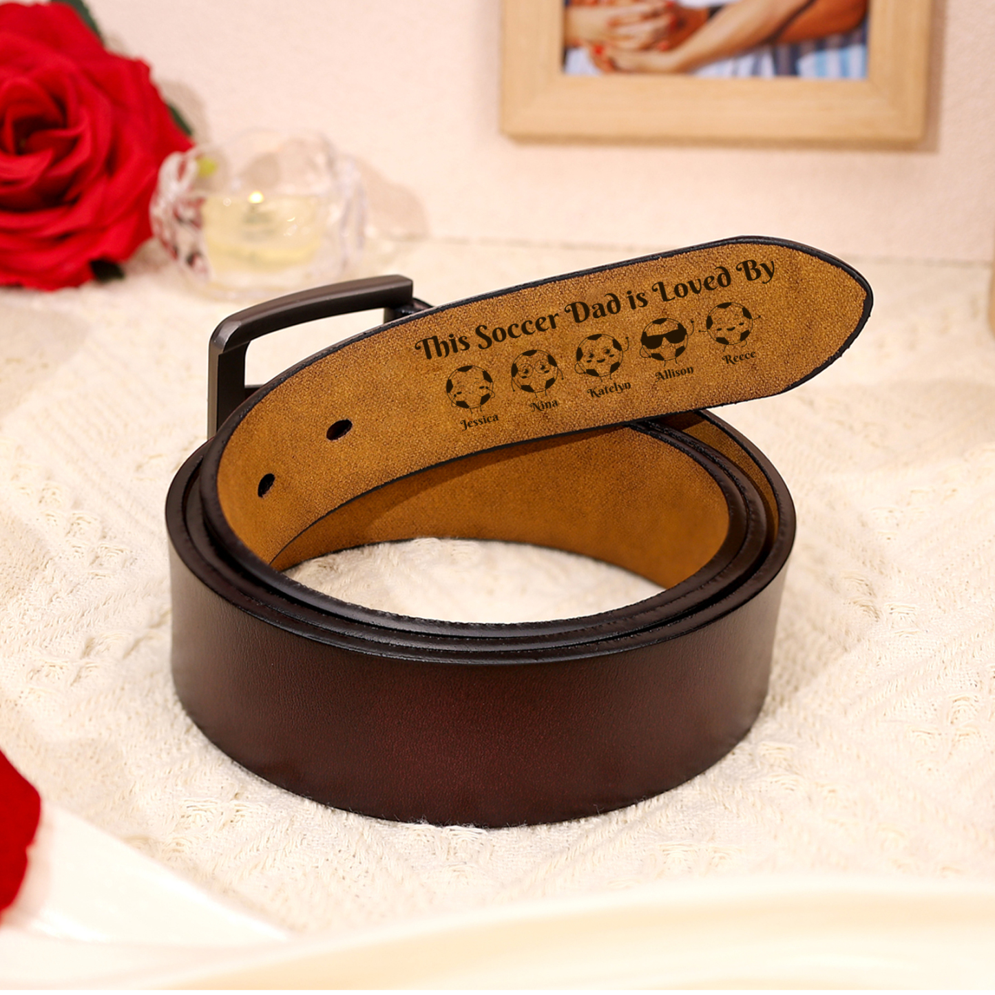 Personalized Men's Leather Belt Soccer Family Engraved With 1 To 8 Names