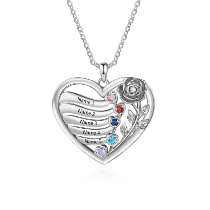 Personalized Rose Heart Birthstone Necklace Custom with 2–5 Names
