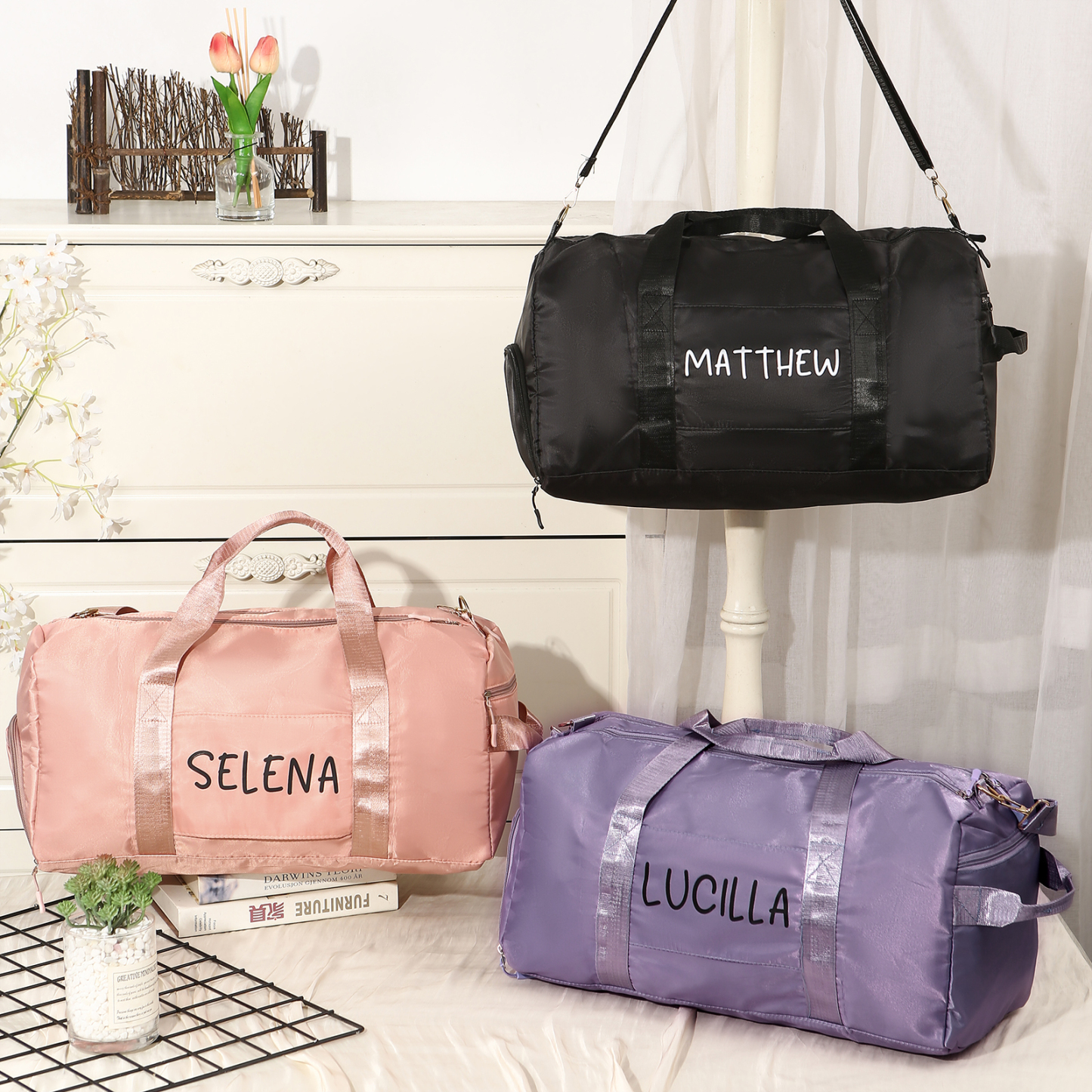 Personalized Duffel Bag Custom Name Nylon Black/Pink/Purple Travel Bag for Her/Him | Jessmade