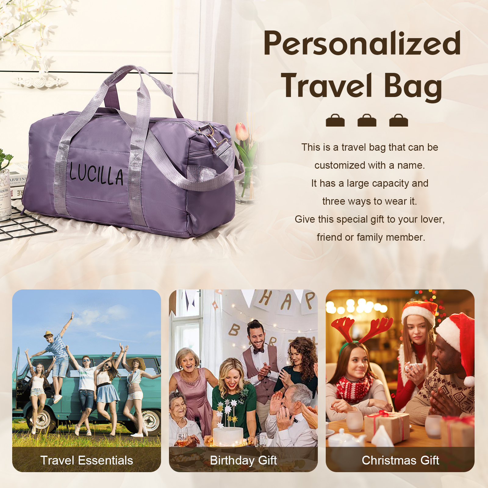 Personalized Duffel Bag Custom Name Nylon Black/Pink/Purple Travel Bag for Her/Him | Jessmade