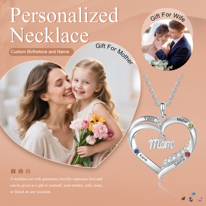Personalized Mom Heart Necklace with 2–5 Kids Names and Birthstones