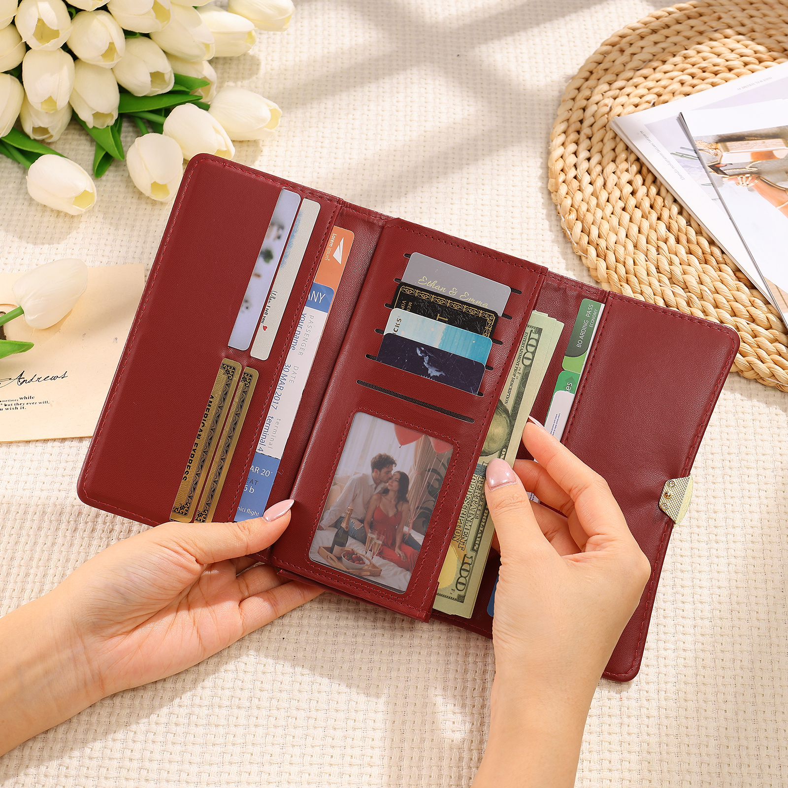 Personalized Long Women Leather Wallet Custom with Birth Flower and Name