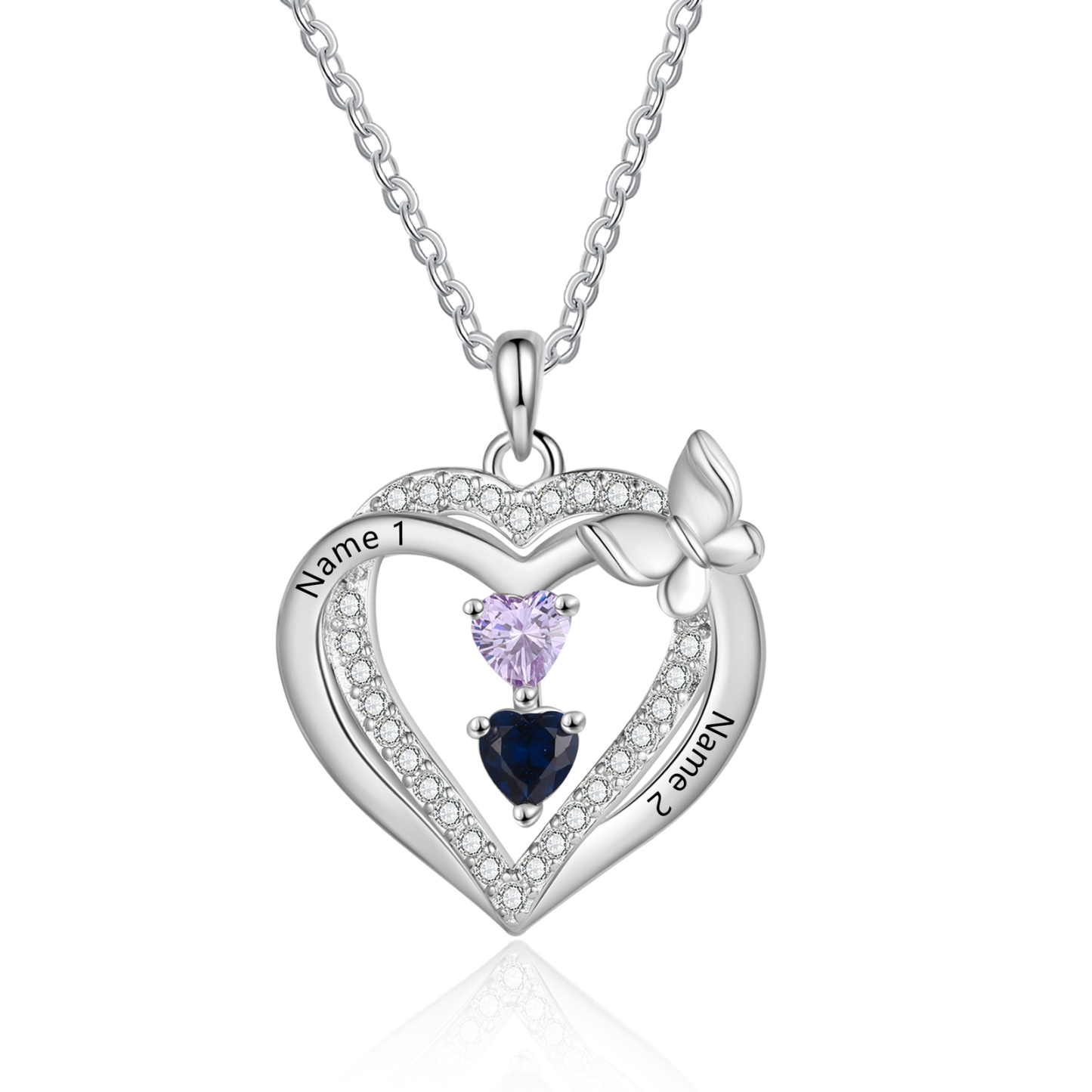 Personalized 1-3 Names Butterfly Heart Birthstone Necklace