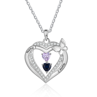 Personalized 1-3 Names Butterfly Heart Birthstone Necklace