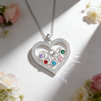 Personalized Heart Pendant Necklace Custom With 1-5 Names Birthstones