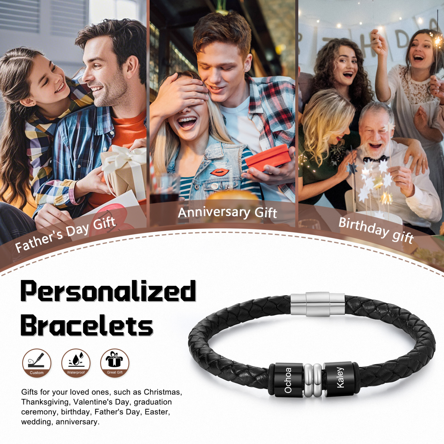 Personalized Name Braided Leather Bracelet  Gift for Men | Jessemade