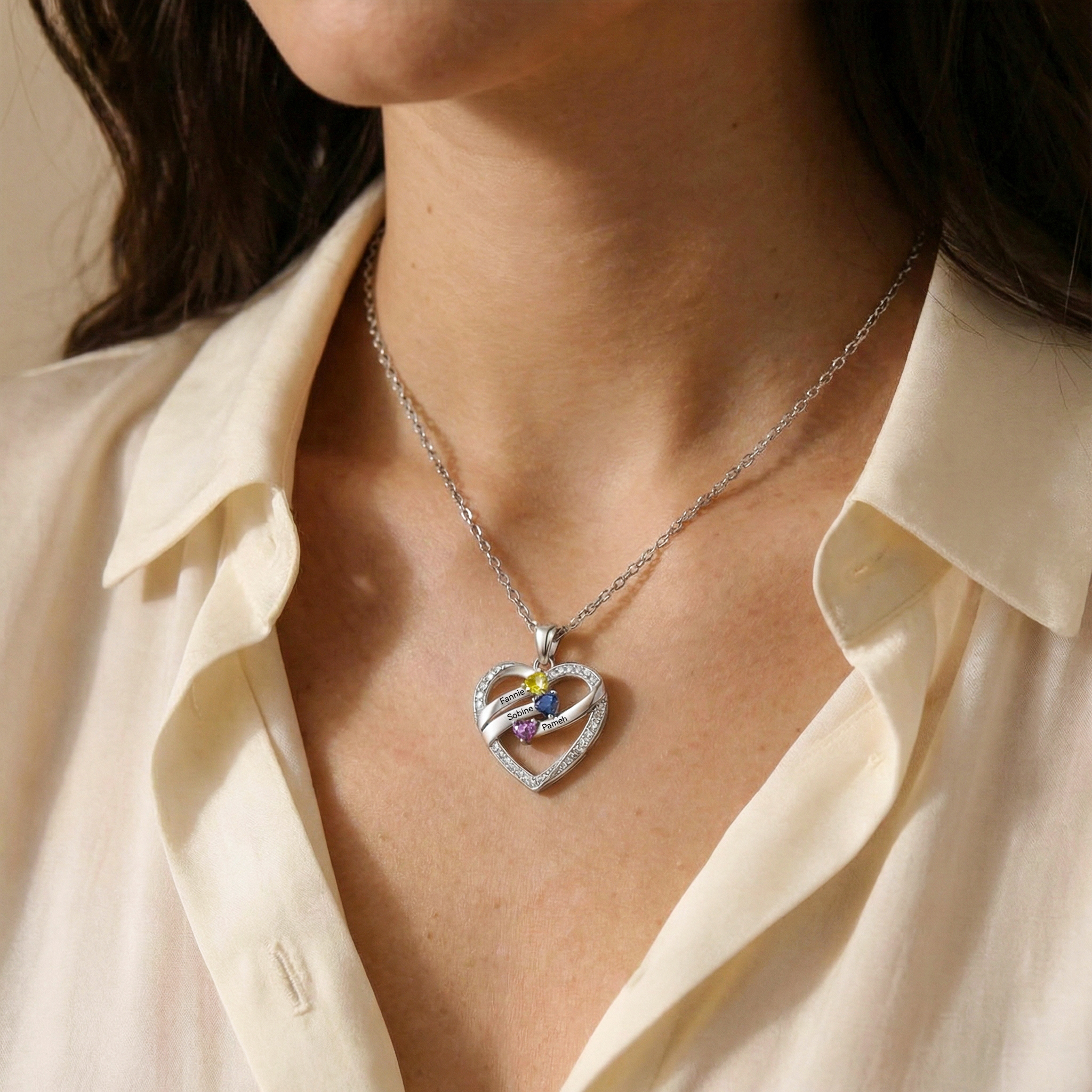 Personalized Heart Birthstones Necklace Custom With 3–5 Children’s Names