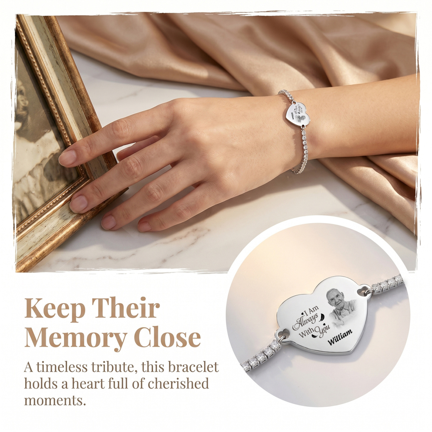 Personalized Memorial Photo Heart Slider Bracelet for Women Tennis Chain Bracelet