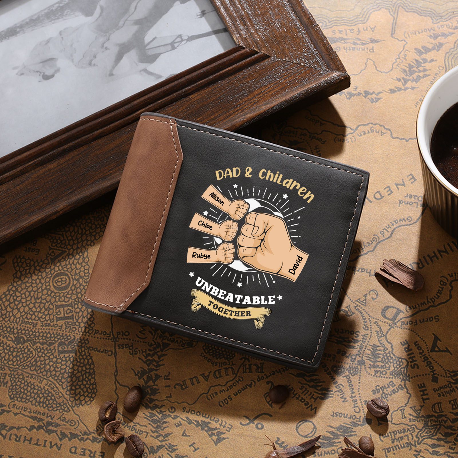Personalized Leather Wallet For Dad And Son Customized With 2–9 Names And Fist Bumps