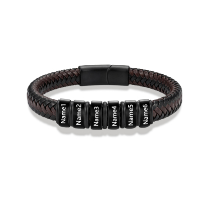 Personalized Leather Braided Bracelet Custom with 2-6 Name Beads