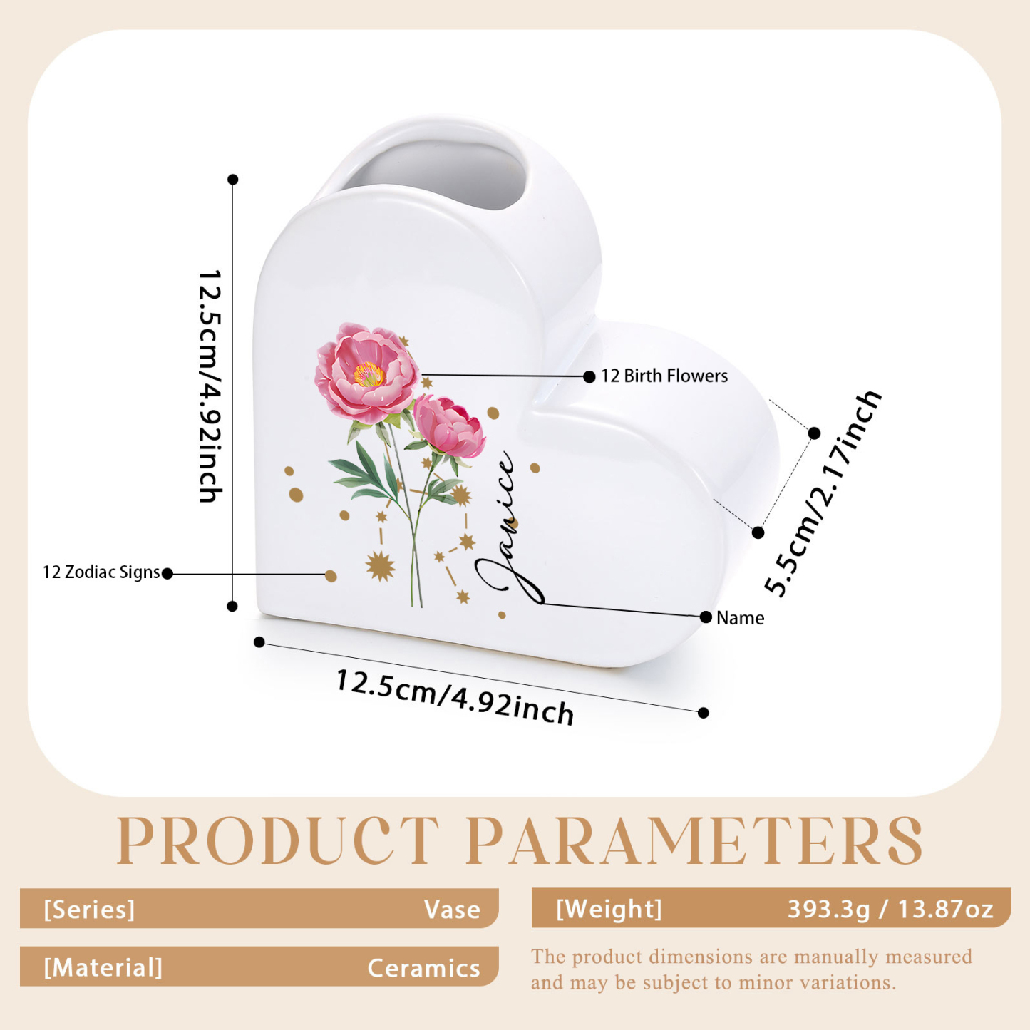 Personalized Heart-shaped Ceramic Vase Custom with Birth Flowers and Zodiac Sign