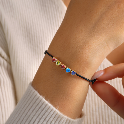 Personalized String Rope Bracelet Adjustable Custom with 2–5 Heart-shaped Birthstones Gift for Mom