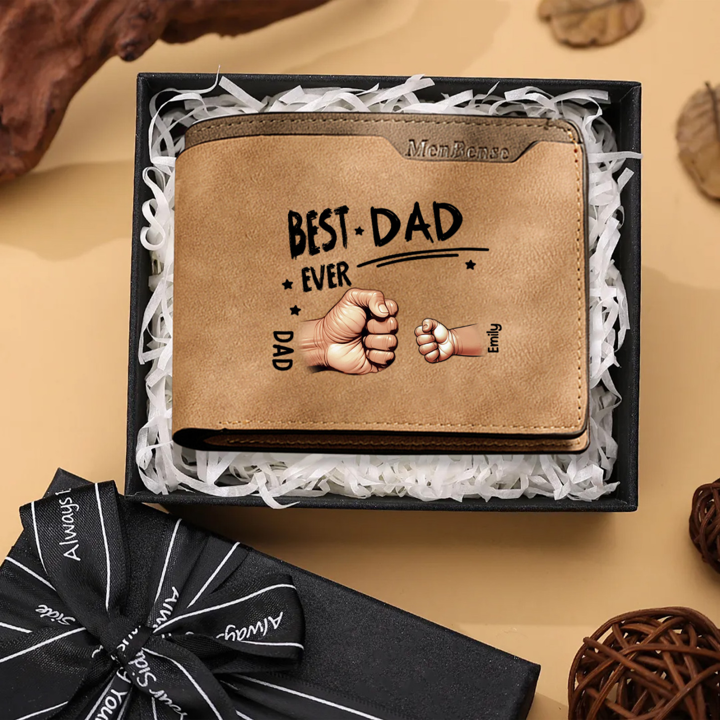 Best Dad Ever - Personalized Leather Wallet Custom 2-7 Names and Fist Bump| Father's Day Gift for Dad | Jessemade