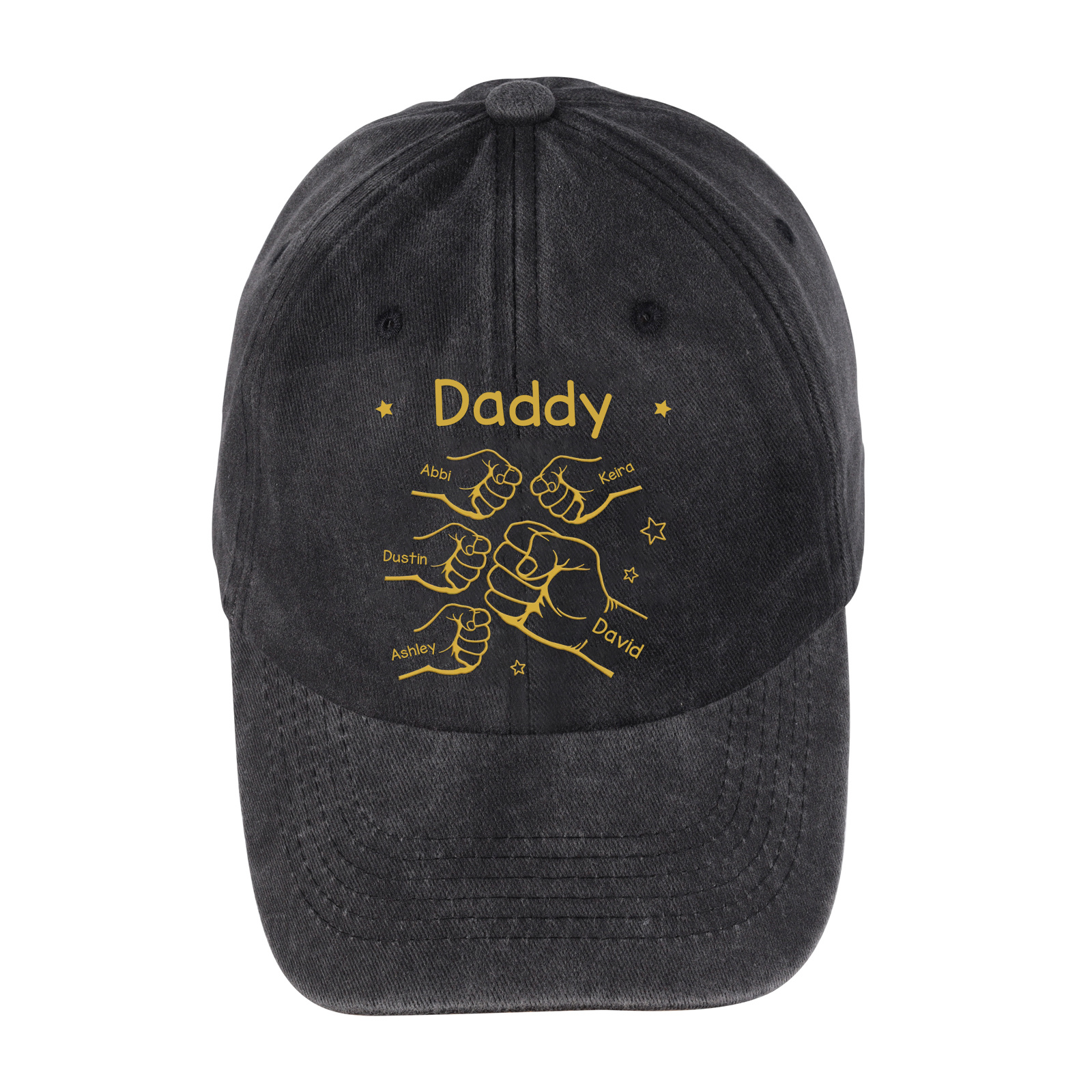 Personalized Washed Denim Baseball Cap Customized with 1-10 Names and Fist Bumps