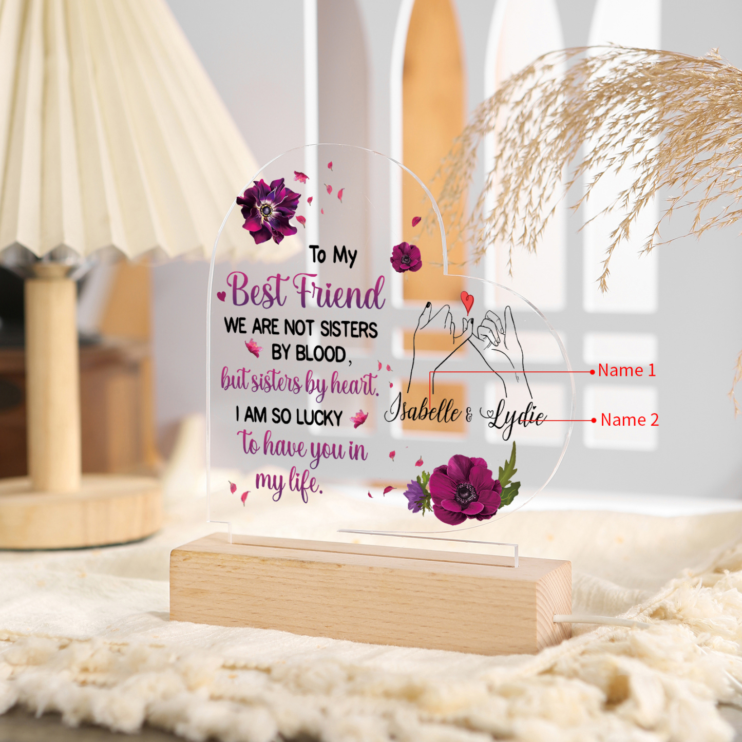 Personalised Acrylic Night Light - Custom 2 Names Heart Shaped Home Decor Christmas Gift for Best Friend | Jessemade